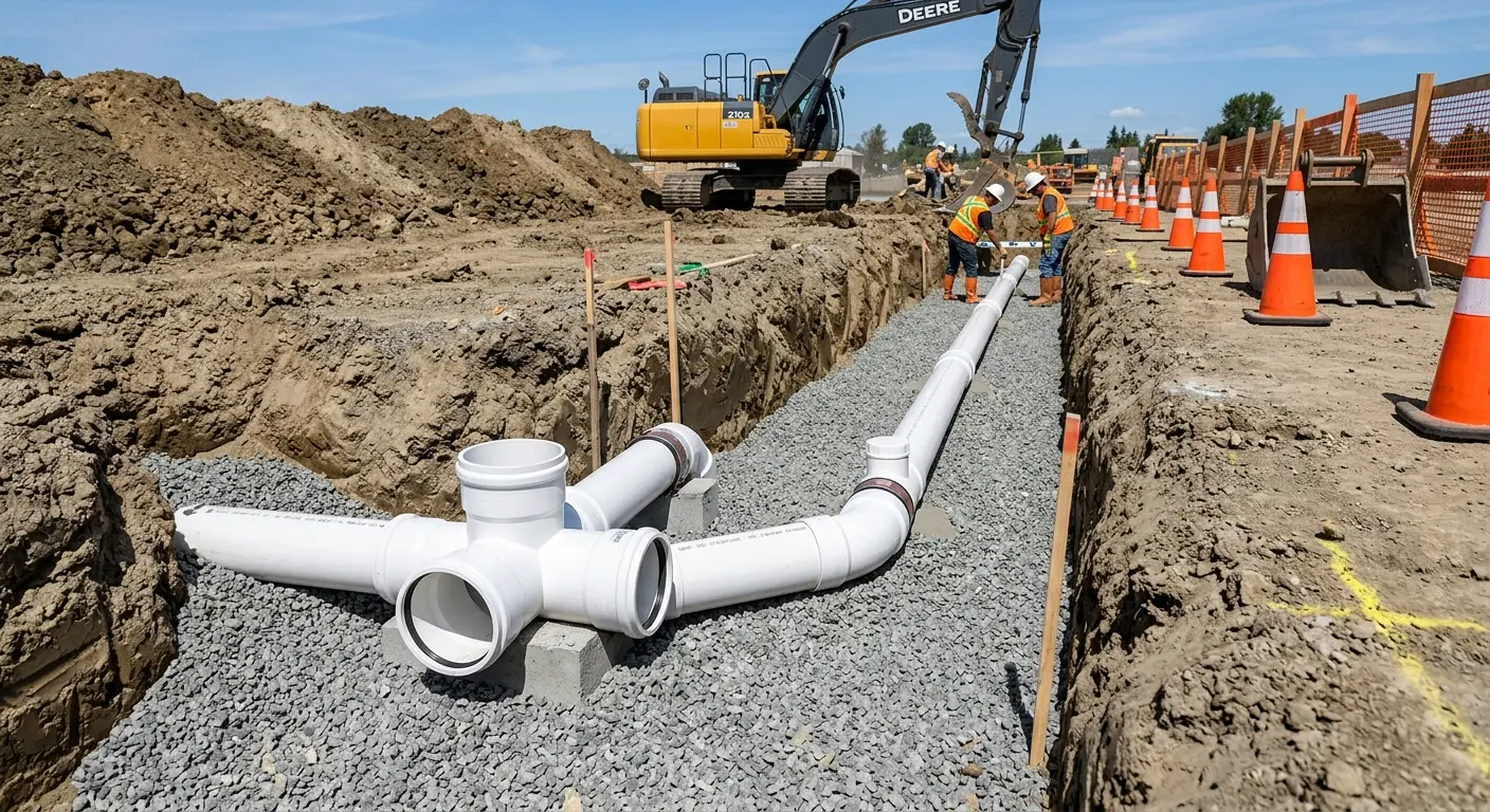 New PVC sewer pipe installation in open trench for Commercial Drain Cleaning in West Bountiful