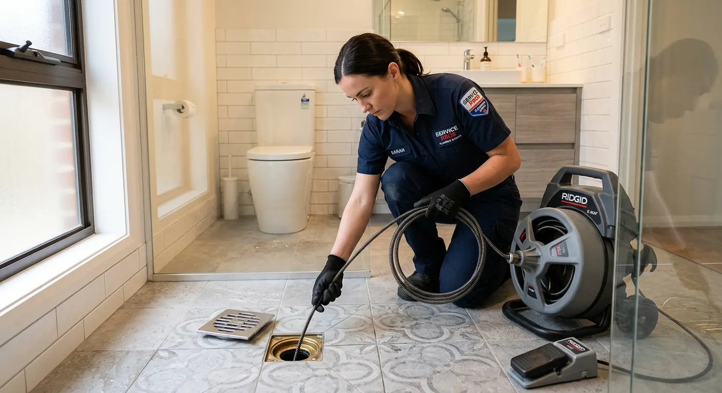 Technician clearing a bathroom floor drain for Sewer Line Installation in West Bountiful